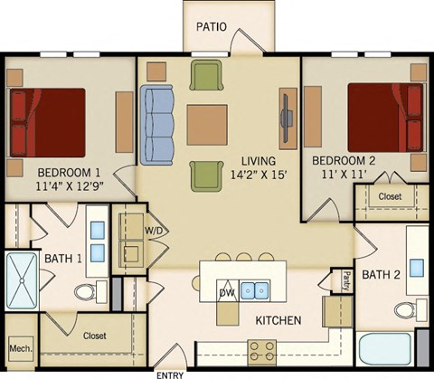 2 BD 2 Bath floorplan 1064 sqft